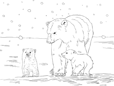 Polar Bear Mother With Two Cubs Coloring Page